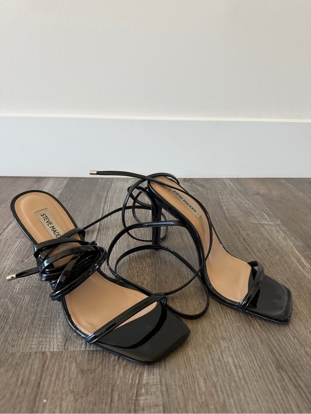 Steve Madden Black Patent Lace-Up Square-Toe Heeled Sandals